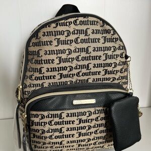 Juicy Couture Black and Tan Text Pattern Backpack